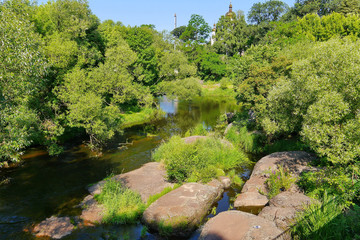 Fototapeta na wymiar wide rocky river surrounded by beautiful tall trees