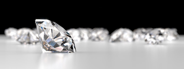 Group of Diamonds placed on reflection background, 3d rendering.