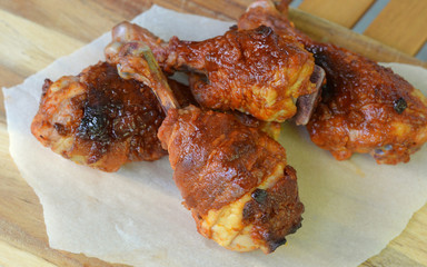Close-up of BBQ Bacon Wrapped Chicken Drum Sticks