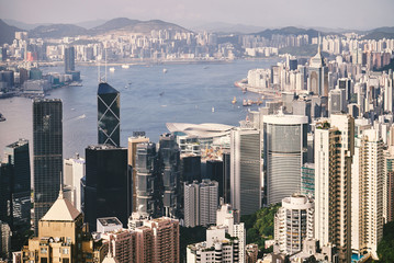 HONG KONG - Jul 26, 2015: The famous cityscape view from the Victoria peak mountain, Hong kong