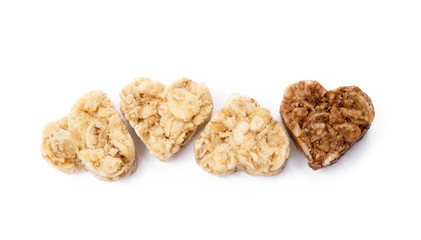 Oatmeal heart dessert isolated on white background
