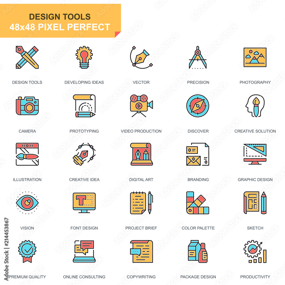 Poster flat line design tools icons set for website and mobile site and apps. contains such icons as creati