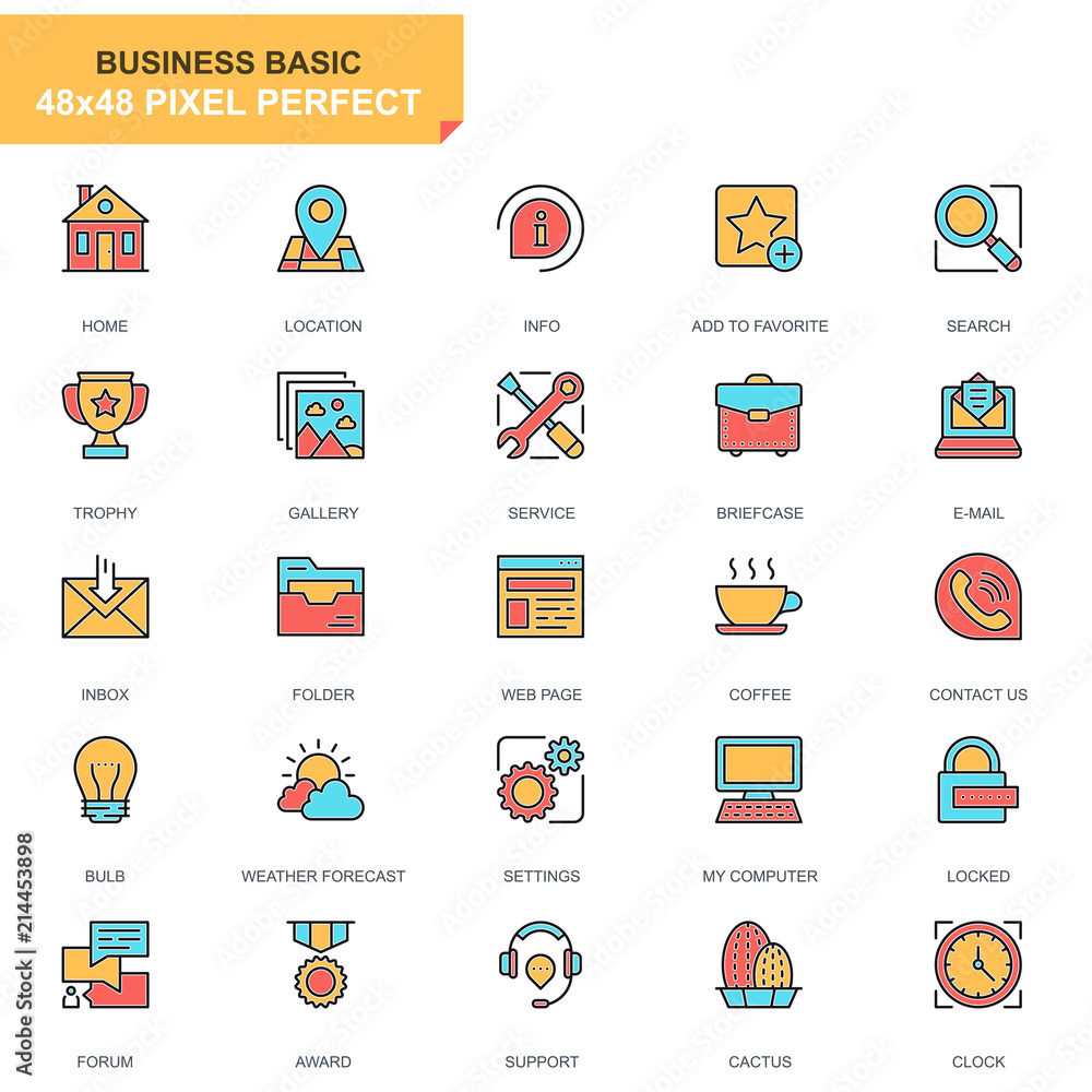 Aufkleber Flat line basic icons set for website and mobile site and apps. Contains such Icons as Location, Briefcase, Lamp, Support, Business, Award. 48x48 Pixel Perfect. Pictogram pack. Vector illustration.