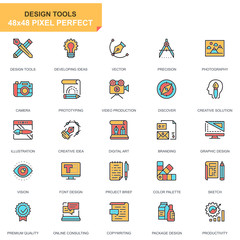 Flat line design tools icons set for website and mobile site and apps. Contains such Icons as Creative, Developing, Precision, Vision, Sketch. 48x48 Pixel Perfect. Pictogram pack. Vector illustration.