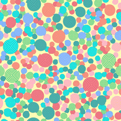 Seamless pattern with colorful simple spiral elements on light yellow background, raster