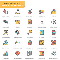 Flat line power industry icons set for website and mobile site and apps. Contains such Icons as Solar Panel, Eco Energy, Power Plant. 48x48 Pixel Perfect. Pictogram pack. Vector illustration.