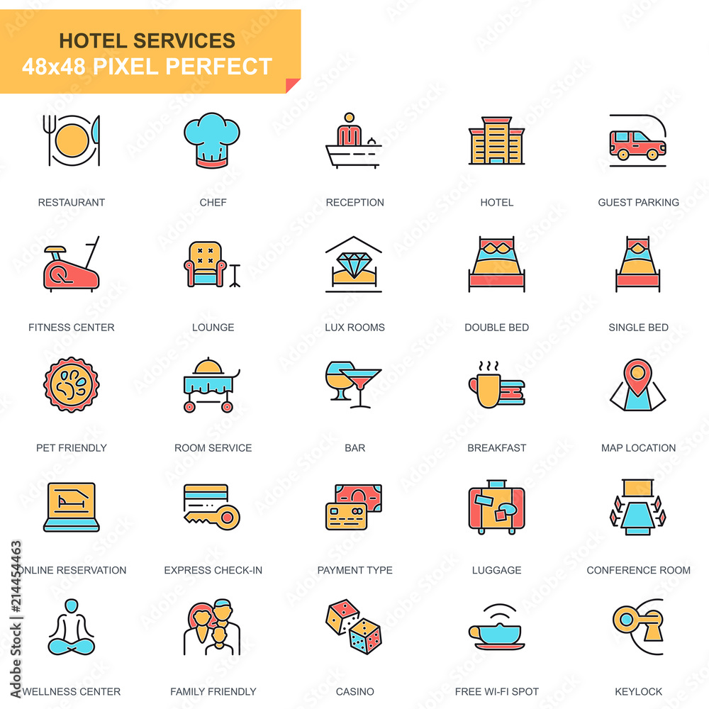 Poster flat line hotel services icons set for website and mobile site and apps. contains such icons as rest