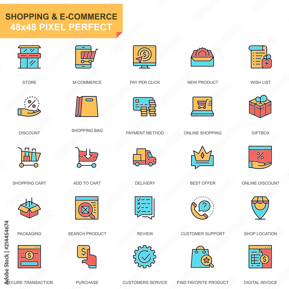 Poster flat line shopping and e-commerce icons set for website and mobile site and apps. contains such icon