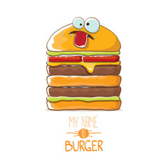 vector cartoon smiling big burger character with cheese, meat and salad icon isolated on white background. my name is burger vector concept illustration