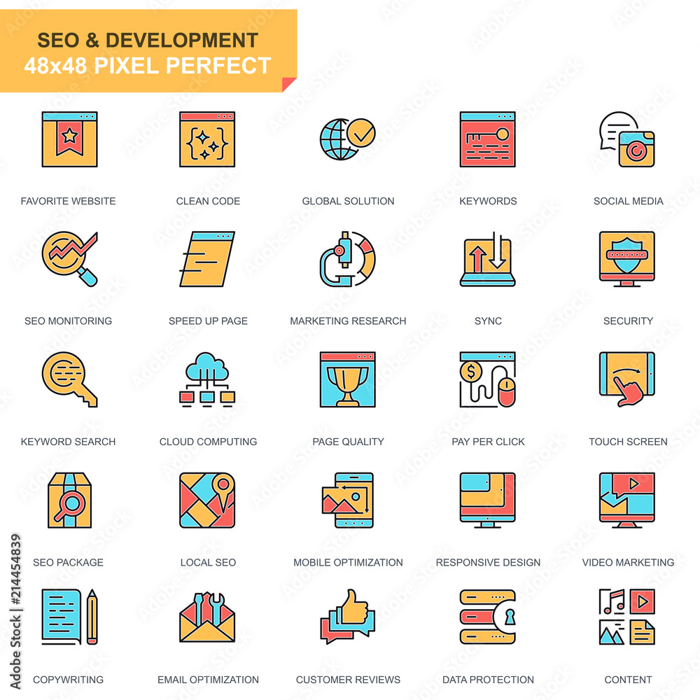 Poster flat line seo and development icons set for website and mobile site and apps. contains such icons as