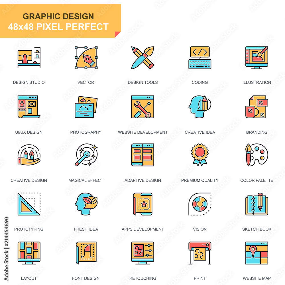 Poster flat line web and graphic design icons set for website and mobile site and apps. contains such icons