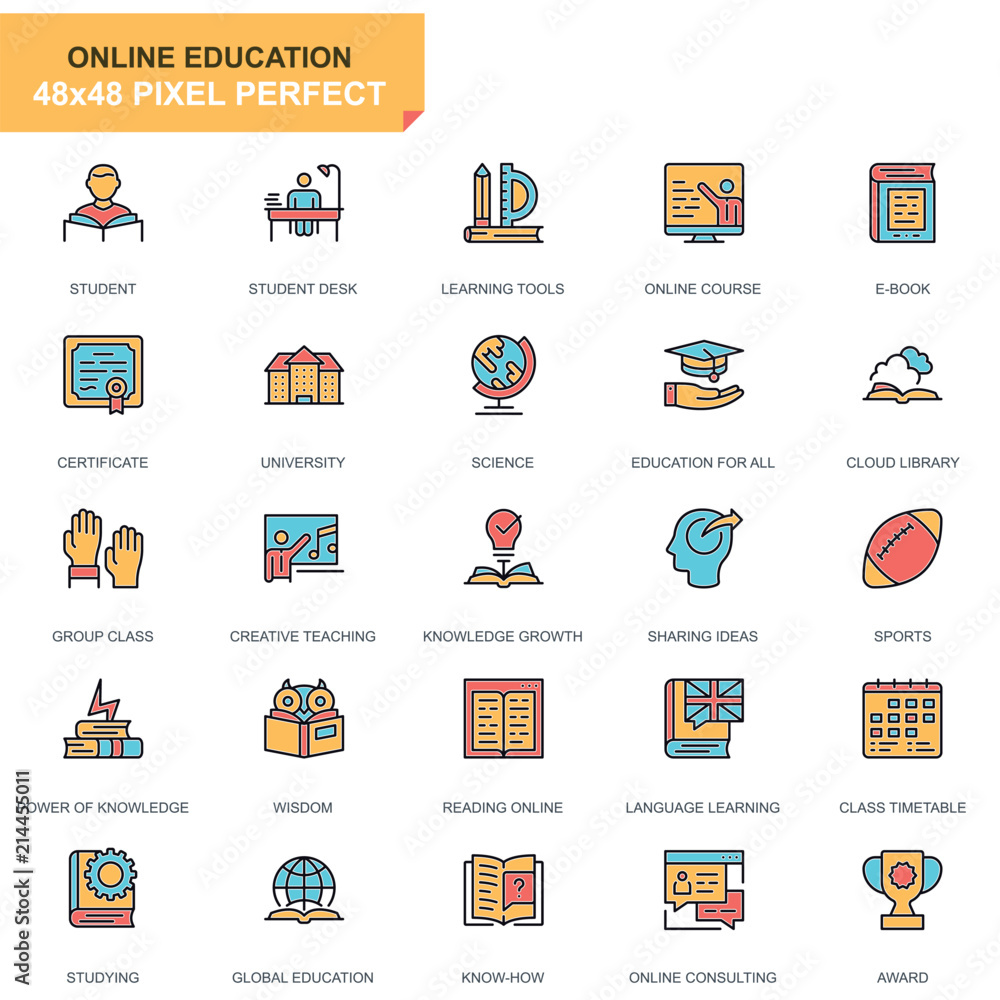Poster Flat line education and knowledge icons set for website and mobile site and apps. Contains such Icons as Course, University, Studying, Book. 48x48 Pixel Perfect. Pictogram pack. Vector illustration.