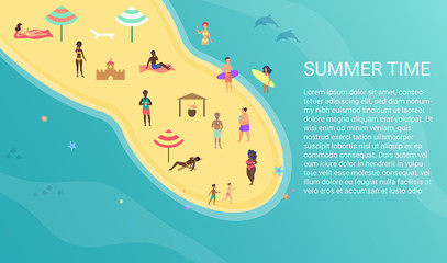 People at peninsula beach performing leisure and relaxing. Sunbathing, talking, surfing and swimming in sea or ocean. Beach top view concept flat vector illustration.