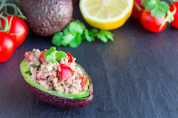 Salad with tuna, avocado, tomatos, coriander and lemon juice served in avocado bowls, horizontal, copy space