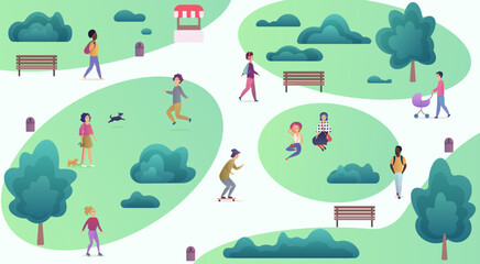 Top cartoon map view of people at park walking and performing sport leisure outdoor activities. Gradient color city park vector illustration. - obrazy, fototapety, plakaty
