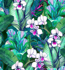  Seamless pattern with tropical leaves and flowers. watercolor pattern with orchids,  white orchid phalinopsis, banana leaves. Botanical background