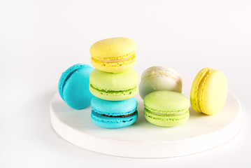 Colorful Macarons Yellow Blue Green Macarons French Dessert Tasty Macarons White Background