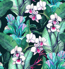  Seamless pattern with tropical leaves and flowers. watercolor pattern with orchids,  white orchid phalinopsis, banana leaves. Botanical background