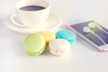 Cup of Coffee Colorful Macarons Telephohe Lifestyle Concept Dessert Toned