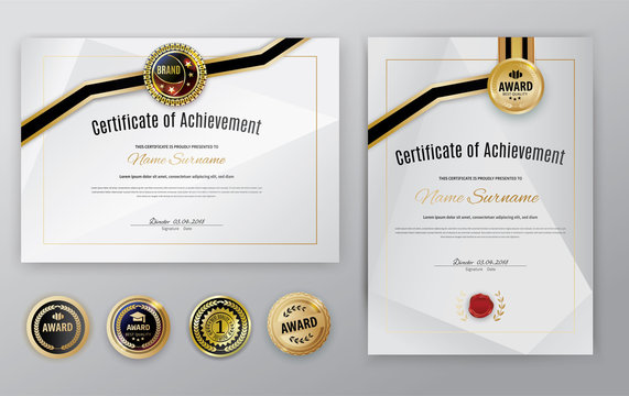 Official Silver Certificate With Gold Design Elements. Emblem, Gold Text. Luxury Background