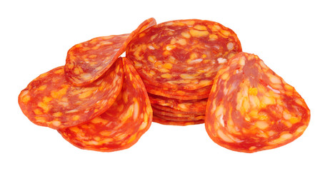 Spicy chorizo sausage meat slices isolated on a white background