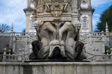 Close up of monument in the final terrace of the Staircase to the Santuario de Nossa Senhora dos Remedios Church in Lamego, Portugal