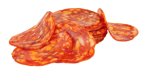 Spicy chorizo sausage meat slices isolated on a white background - obrazy, fototapety, plakaty