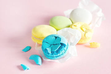 Colorful Macarons Yellow Blue Green Macarons French Dessert Tasty Macarons Pink Background Above