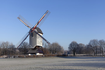 Wooden windmill called Leyssensmolen in Lommel, Belgium