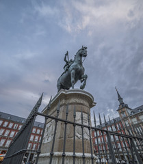 Felipe III statue in the center of Plaza Mayor in the city of Madrid, Spain