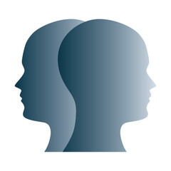 Janus face symbol made of gray silhouettes of two heads. Two overlapping heads as sign for duality, anxiety, uncertainty and other psychological problems and questions. Illustration over white. Vector