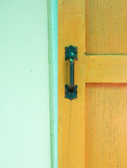 Brass door handle on wooden door.