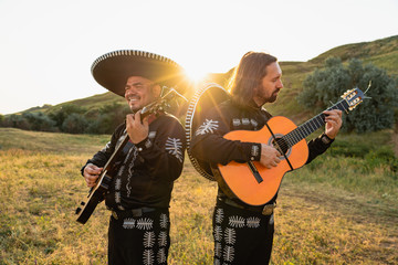 Musicians mariachi outdoor. Latin music. 