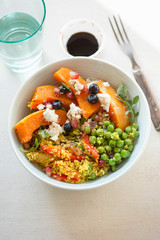 Couscous, red peppers, peas with butternut squash, blueberries and goat's cheese salad 