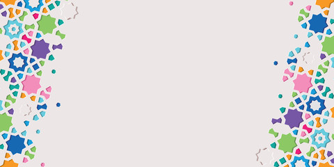 Arabic arabesque design greeting card for Ramadan Kareem.Islamic abstract ornamental colorful mosaic.Vector illustration.