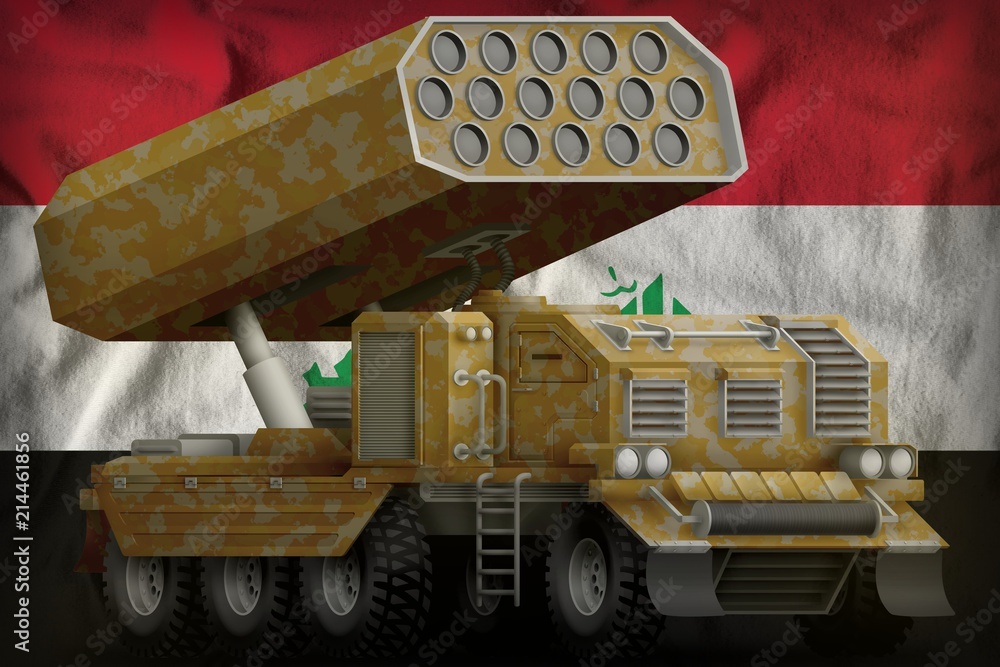 Wall mural rocket artillery, missile launcher with sand camouflage on the iraq national flag background. 3d ill