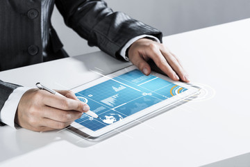 Media technologies for business as concept with woman working on