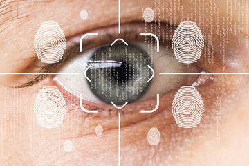 Biometric security retina scanner. Young man eye fingerprint web imprint.