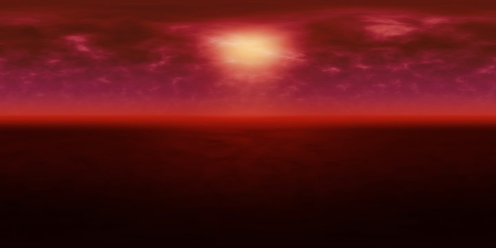 high resolution environmental 360 degree HDRI map, spherical panorama, 3d illustration background, 8k, for equirectangular projection (dark red alien planet with bright light in dusty red sky)