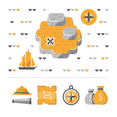 Adventure quest, treasure island map, odyssey concept, deserted island, compass and money sack icons