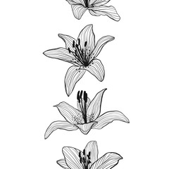 Seamless lilies pattern on beige vector background.