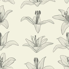 Seamless lilies pattern on beige vector background.