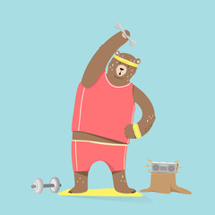 Cute bear cartoon character doing exercises. cartoon Illustration