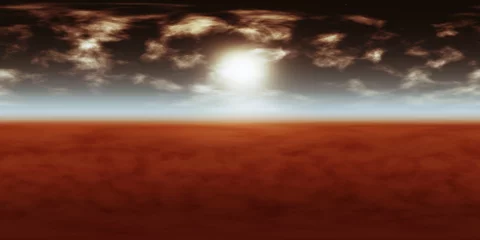 Fototapeten Hochauflösende 360-Grad-HDRI-Umgebungskarte, sphärisches Panorama, 3D-Illustrationshintergrund, 8k, für äquirektanguläre Projektion (dunkler Himmel mit Sonne, weißen Wolken und Sternen über rotem Planeten) © dottedyeti