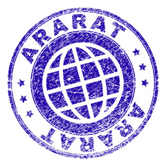 ARARAT stamp imprint with grunge texture. Blue vector rubber seal imprint of ARARAT tag with grunge texture. Seal has words placed by circle and globe symbol.