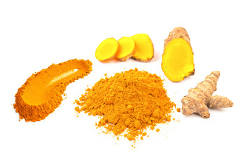 Turmeric powder and fresh turmeric (Curcuma) isolated on white background. herbal