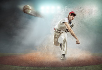 Fototapeta na wymiar Baseball player in dynamic action around splash drops 