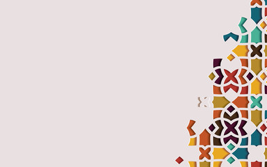 Islamic arabesque design greeting card for Ramadan Kareem.Arabic ornamental colorful detail of mosaic. Vector illustration.