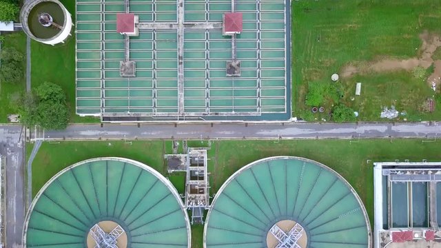 Aerial top view recirculation solid contact clarifier sedimentation tank, Water treatment plant.