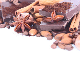 Chocolate, cocoa, nuts, cinnamon on a white background
